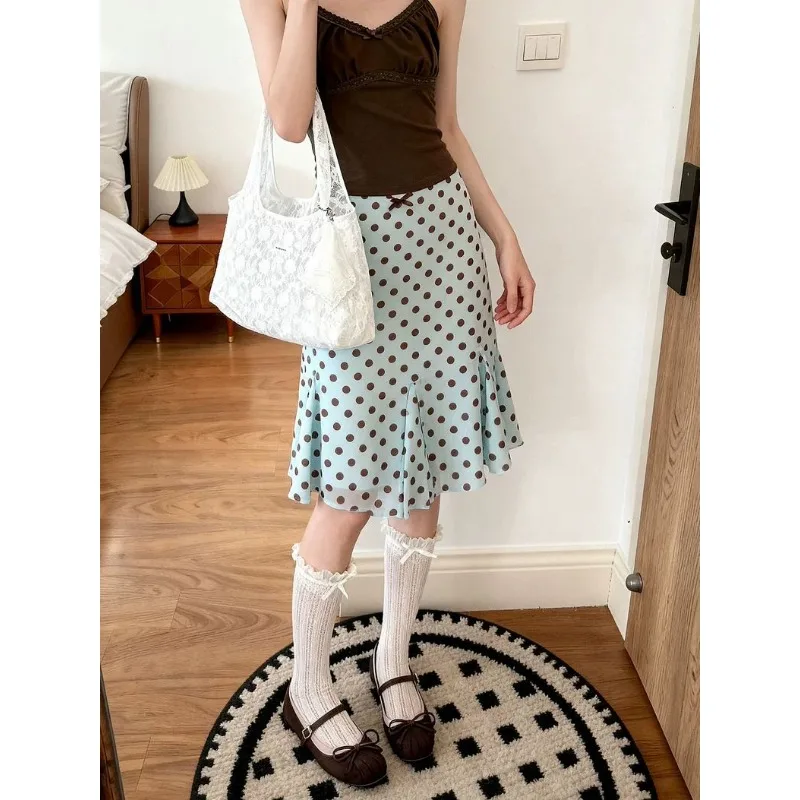 Womens High Waist All Over Polka Dot Ruffle Hem Mid Length Mermaid Skirt