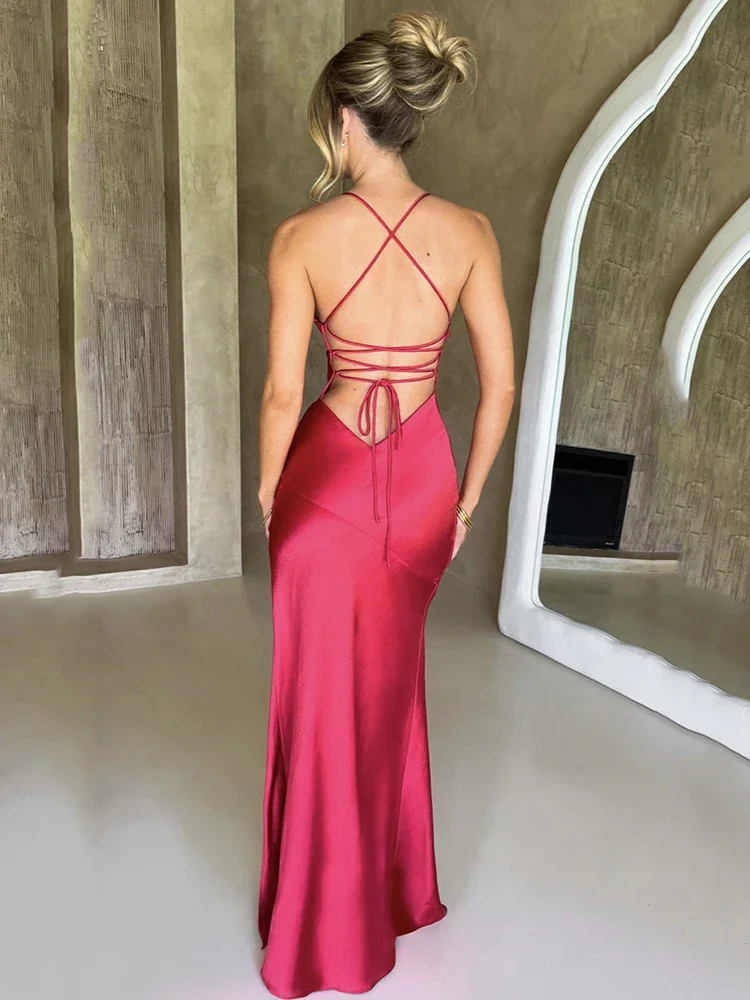 Strapless Satin Maxi Dress Women Open Back High Slit Slim Dress Women 2024Spring Summer Elegant Party Club Vestidos