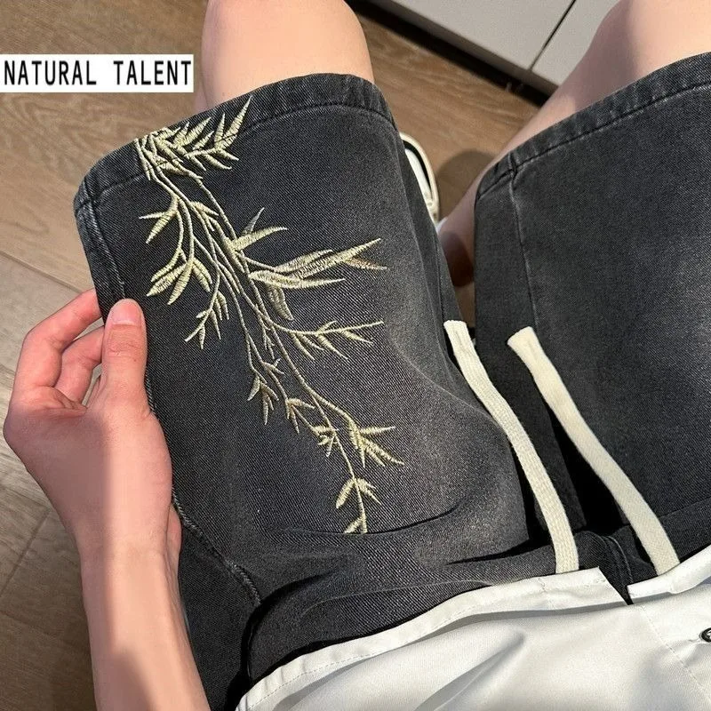 Men's 2026 Summer Retro Washed New Chinese Style Embroidered Denim Shorts Thin Loose Plus Size Streetwear 5-Pocket Capri Pants view 6