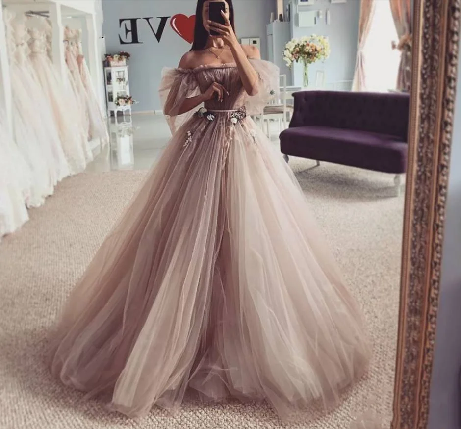 Haute Couture Exquisite Beige Off-the-Shoulder The Bride Dress Tulle Embroidery 3D Flower Floor-Length Appliques Wedding Dress