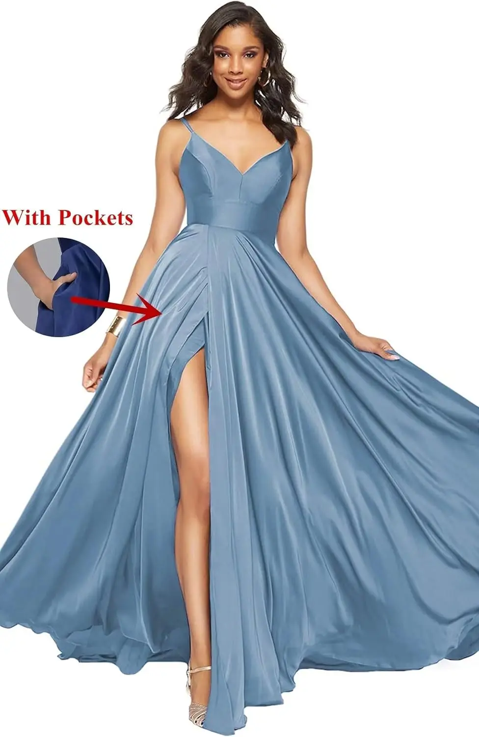 Vestidos de dama de honor de satén para mujer, tirantes finos, vestido de invitados de boda, vestido Formal largo con cuello en V y vestido de fiesta con abertura