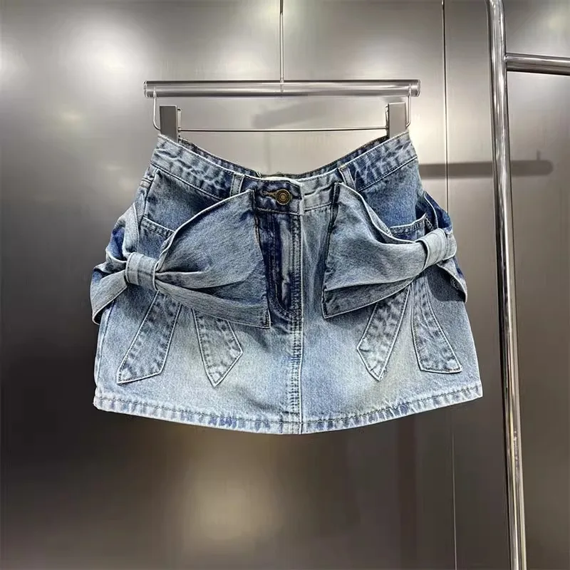 Cute Bow Denim Skirt Women's New Summer Design A-shaped Mini Skirt
