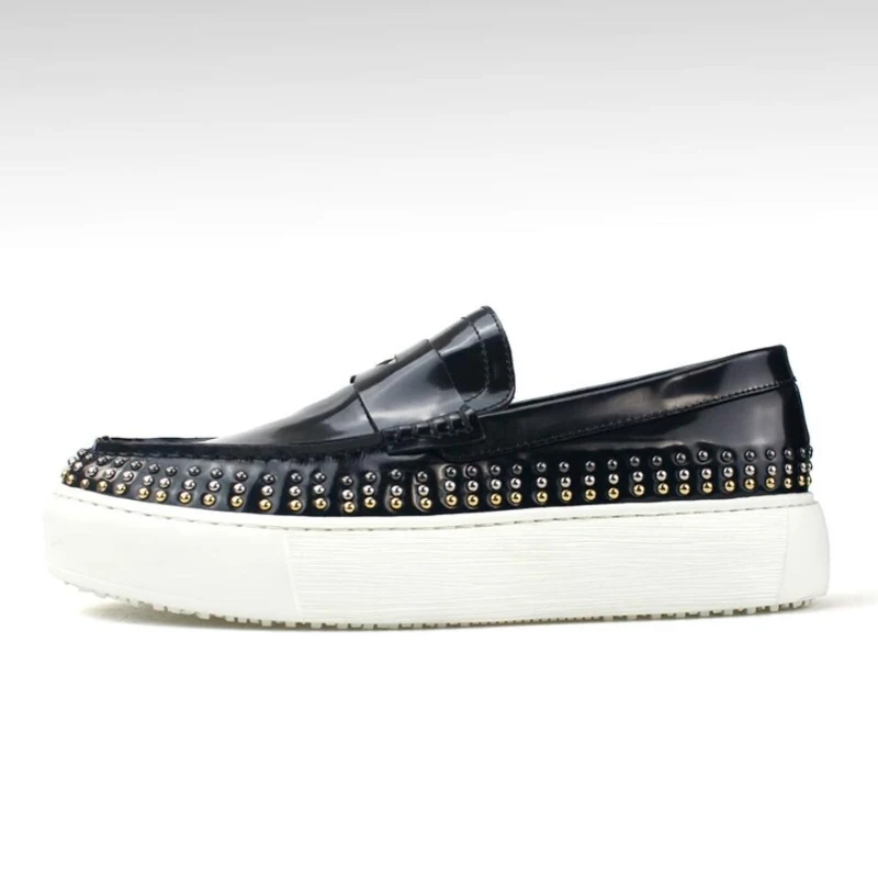 Designer Gloss Leather Platform Loafers Men Sneakers Metal Studs Lightweight Chunky Sole Fashion Slip-on Daily Footwear