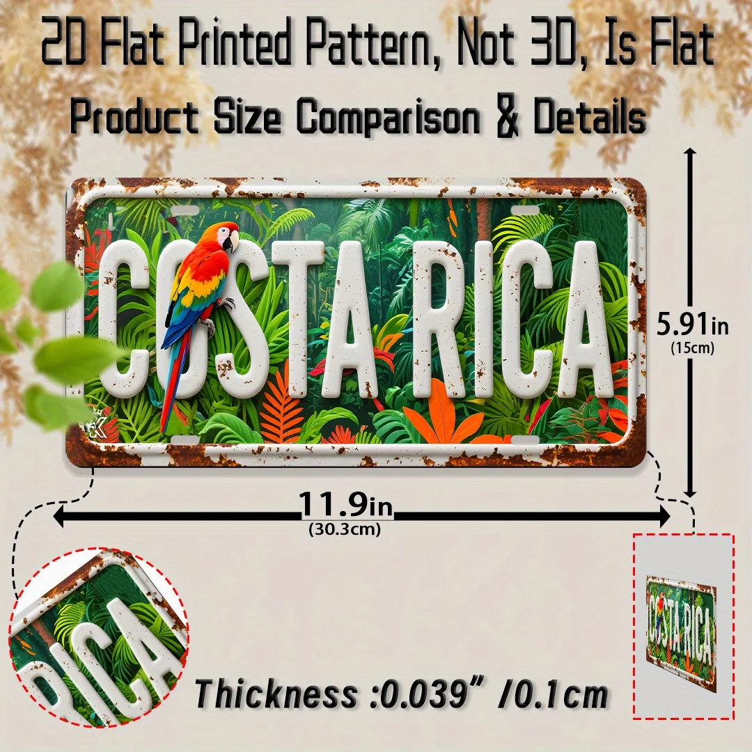 Costa Rica Tropical Rainforest Parrot Vintage License Plate Style Aluminum Metal Sign Retro Central American Travel Souvenir Wal
