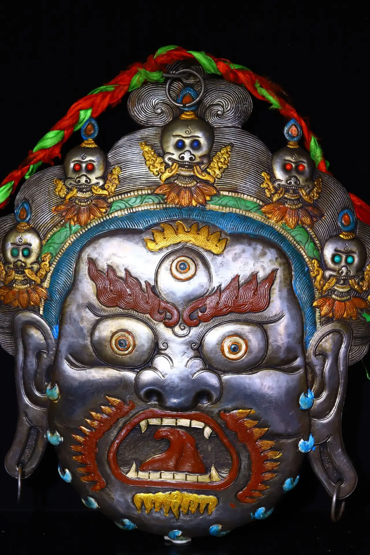 13"Xizang Folk  Tiantie Mosaic Gem Skull Mahakala Buddha Head Mask hanging  screen Town house Exorcism view 6