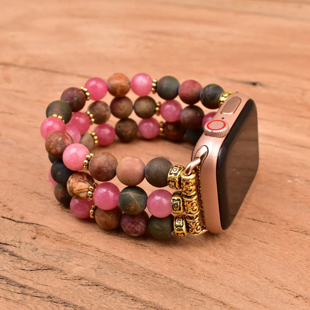 Natural Stone Picasso Pink Jasper Vintage Women Apple Watch Band 38mm 41mm 42mm 44mm 45mm Stone Beaded Bracelet Strap for Iwatch