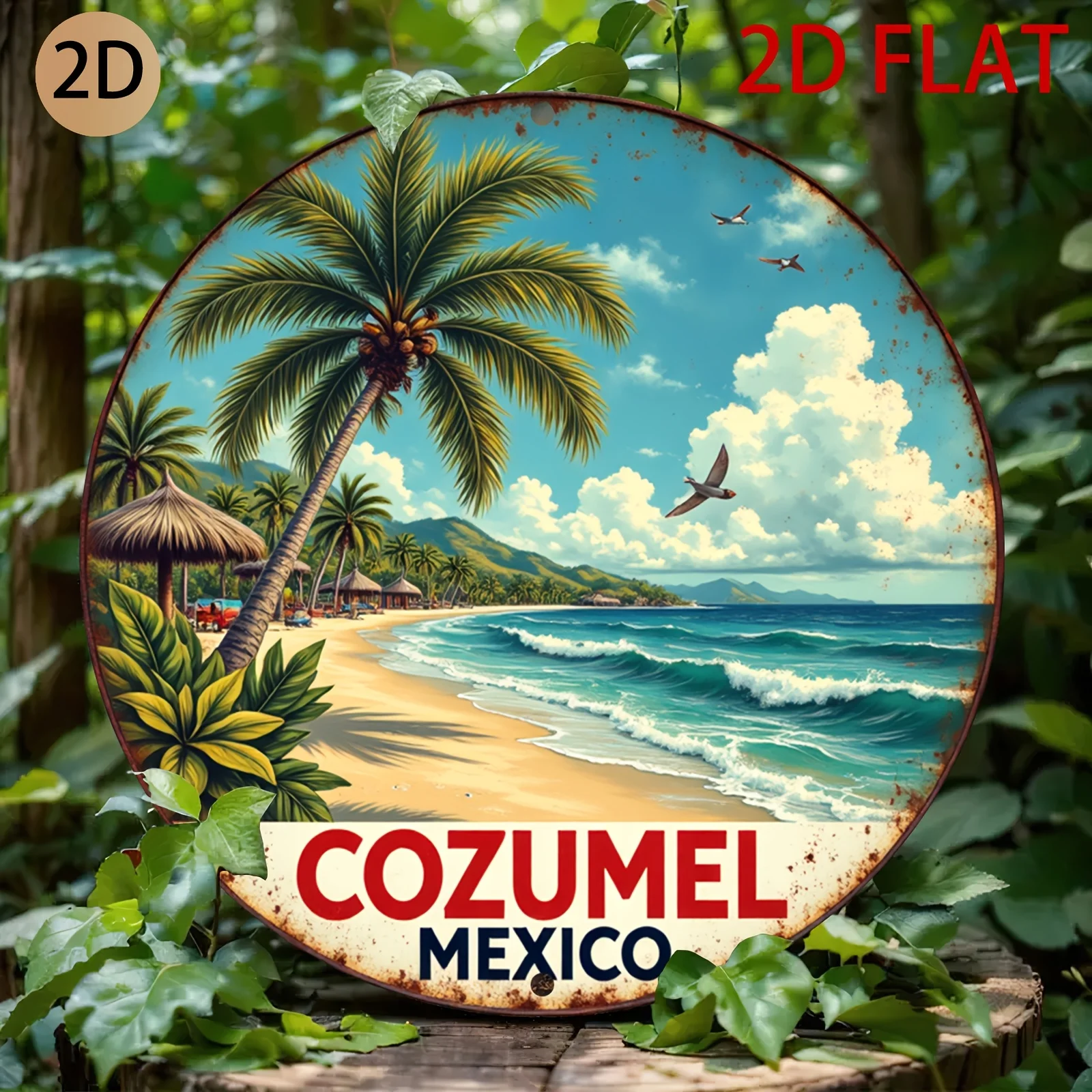 Flaches, rundes Holzschild mit Strandmotiv – Klassische mexikanische Wandkunst aus Cozumel, mit tropischen Palmen und Meerblick