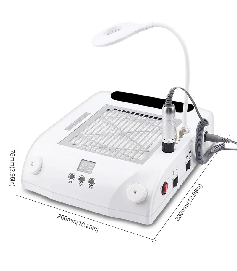 آلة أظافر متعددة الوظائف، مصباح العلاج بالضوء، مصباح أظافر، مبرد أظافر، مكنسة كهربائية، مصباح إضاءة، صندوق تخزين، وسادة يدوية