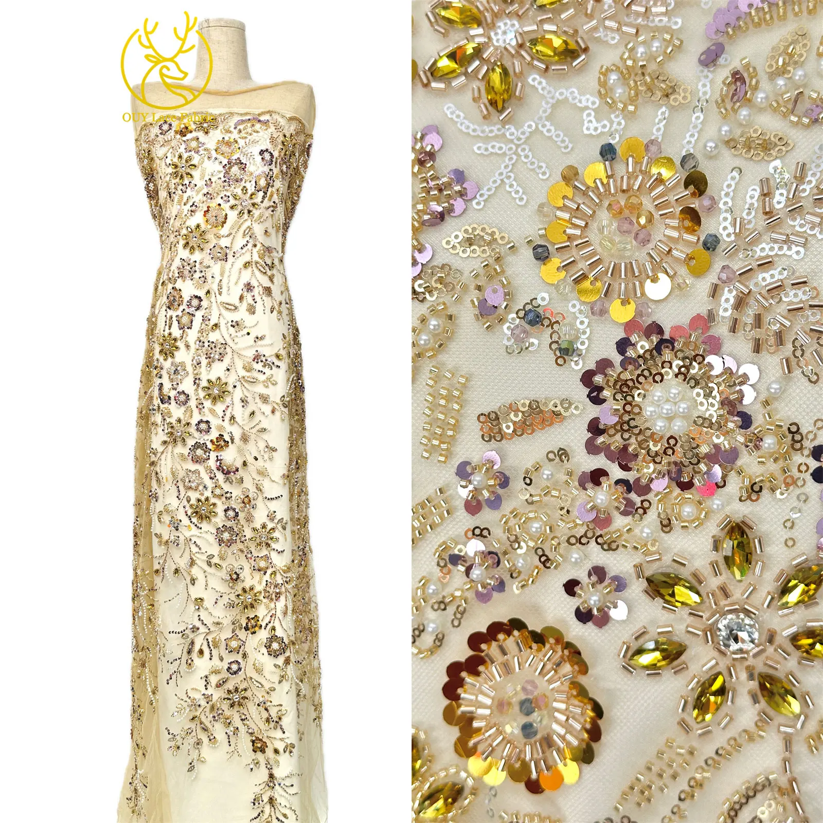 Gold Luxus Afrikanischer Stein Bräutigam Perlen Spitzenstoff 2026 Nigeria Französischer Tüll Pailletten Spitzenstoff für Brautpartykleid Nähen – Detail 5