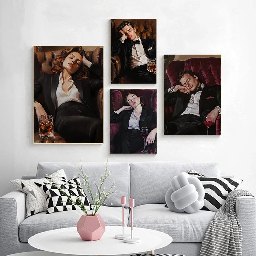 Vintage Aesthetics Drunk Lying on Martini Sofa Men And Women Painting Art Portrait Poster Canvas Printing Home Wall Decoration