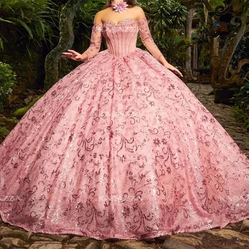 

Pink Sparkly Quinceanera Es Off Shoulder Chapel Train Applique Lace Beads Crystal Tull Gillter Vestido De 15 Anos Sweet 16