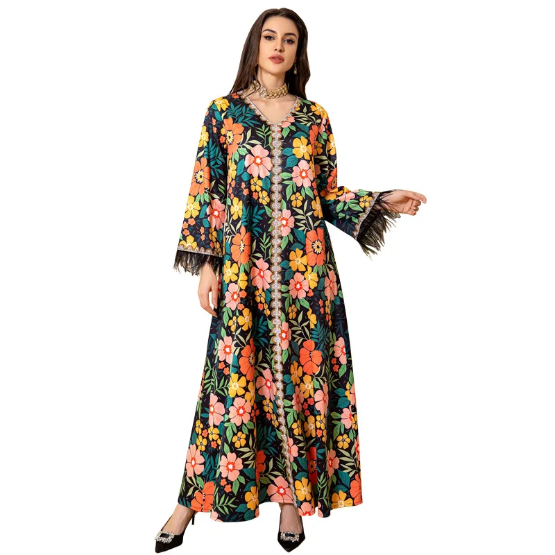 Islamic Abaya Arab Morocca 2025 Muslim Fashion Women's Printed Scalded Ostrich Hair Dress Turkiye Clothing Summer Women's Gown