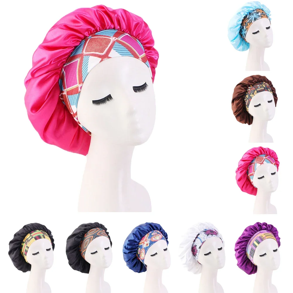 African Ankara Satin Night Sleep Cap Women Wide Band Stretch Hair Care Bonnet Turban Silk Chemo Caps Headwrap Hat Headwear Hijab