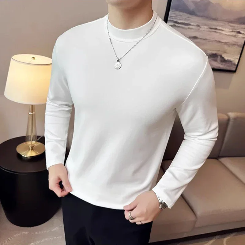 Autumn Winter Cotton Elastic T-shirt for Men Long Sleeved Slim Fit Round Collar Men Tops Tee Plus Size Solid Camisetas De Hombre