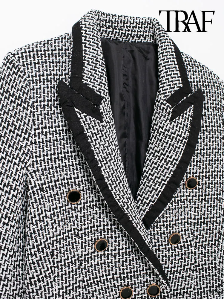 TRAF-Patchwork Tweed Blazer for Women, Long Sleeve Coat, Welt Pockets, Female Outerwear, Chic Tops, Fashion