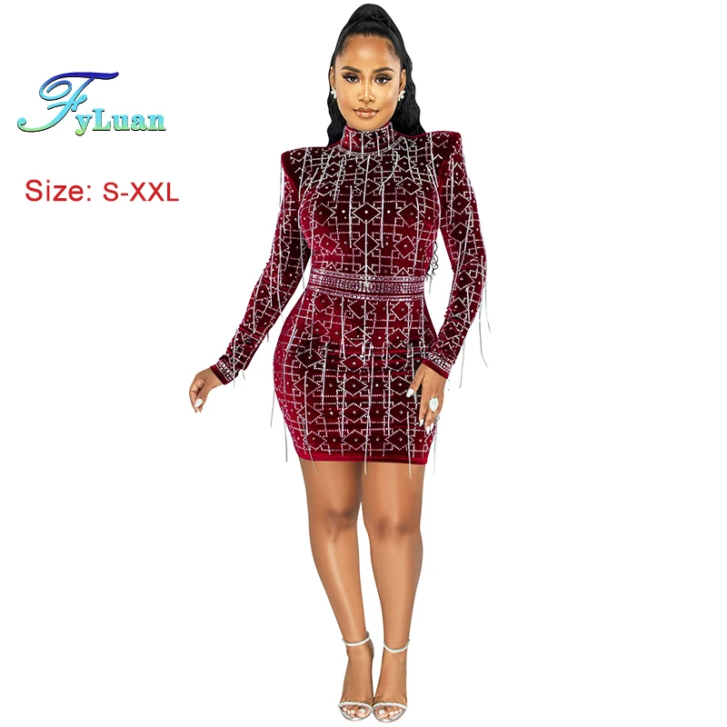 2025 Nieuwe Luxe Vrouwen Lange Mouw O Hals Korte Jurk Bodycon Casual Korte Rokken Sexy Sheer MeshGirl Jurk Cocktail Prom kleding