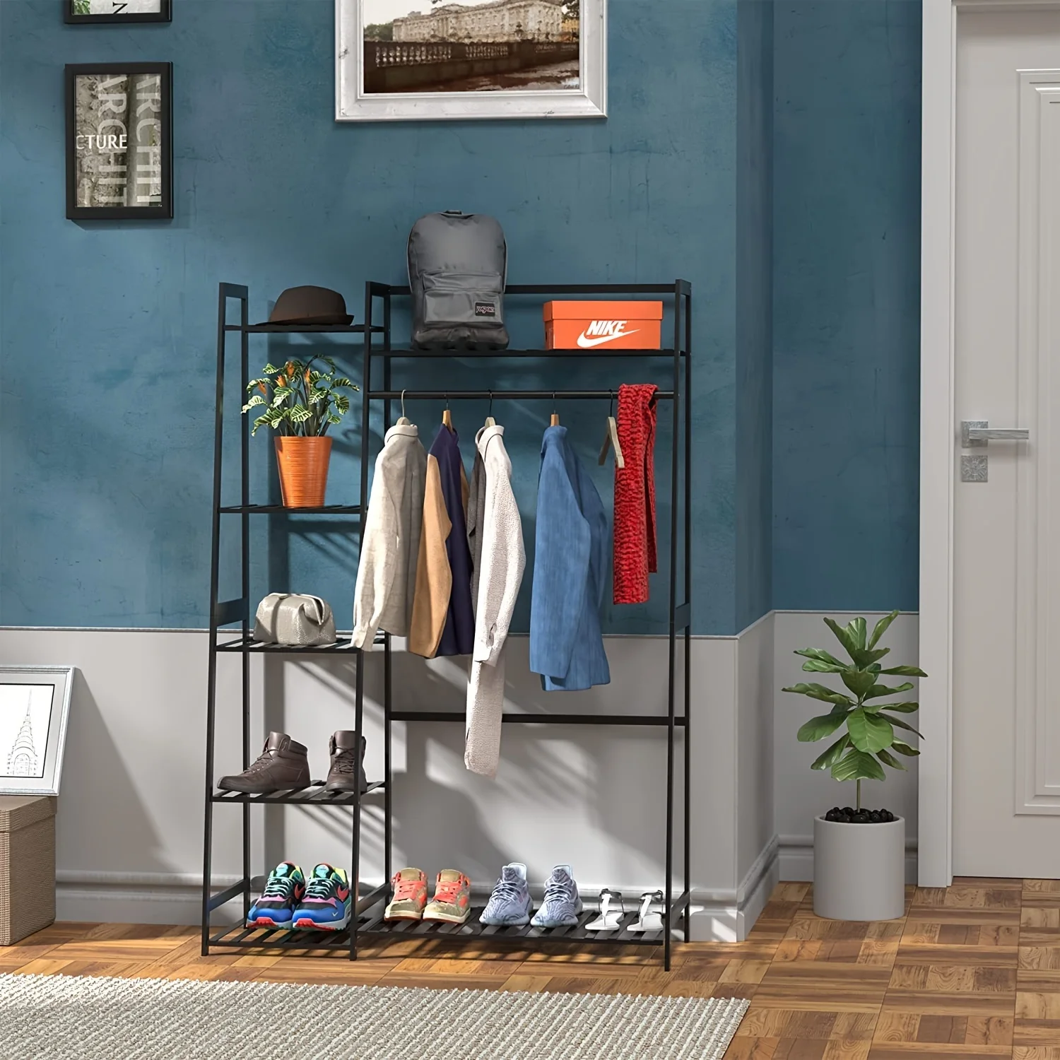 

Clothes Rack, Clothes Rack with Shelves, Freestanding Closet Organizer for Living Bedroom Room Kitchen Bathroom Entryway Office