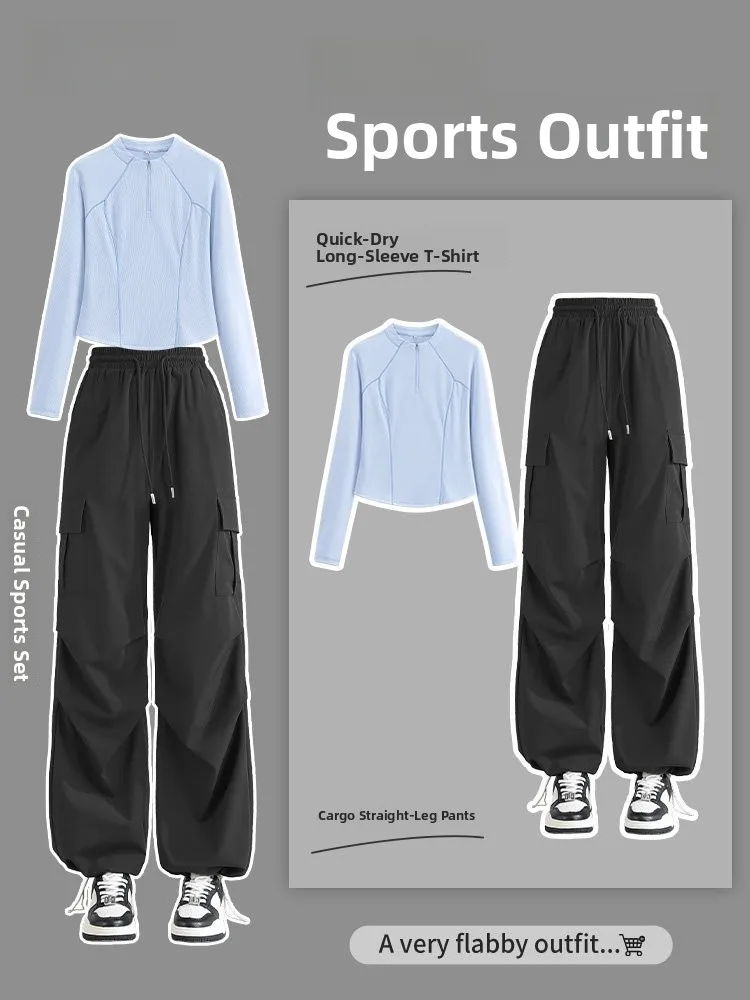 

Спортивный комплект из двух предметов для женщин: футболка с длинным рукавом и брюки для фитнеса и йоги. Новинка весна-лето. Повседневный спортивный стиль.