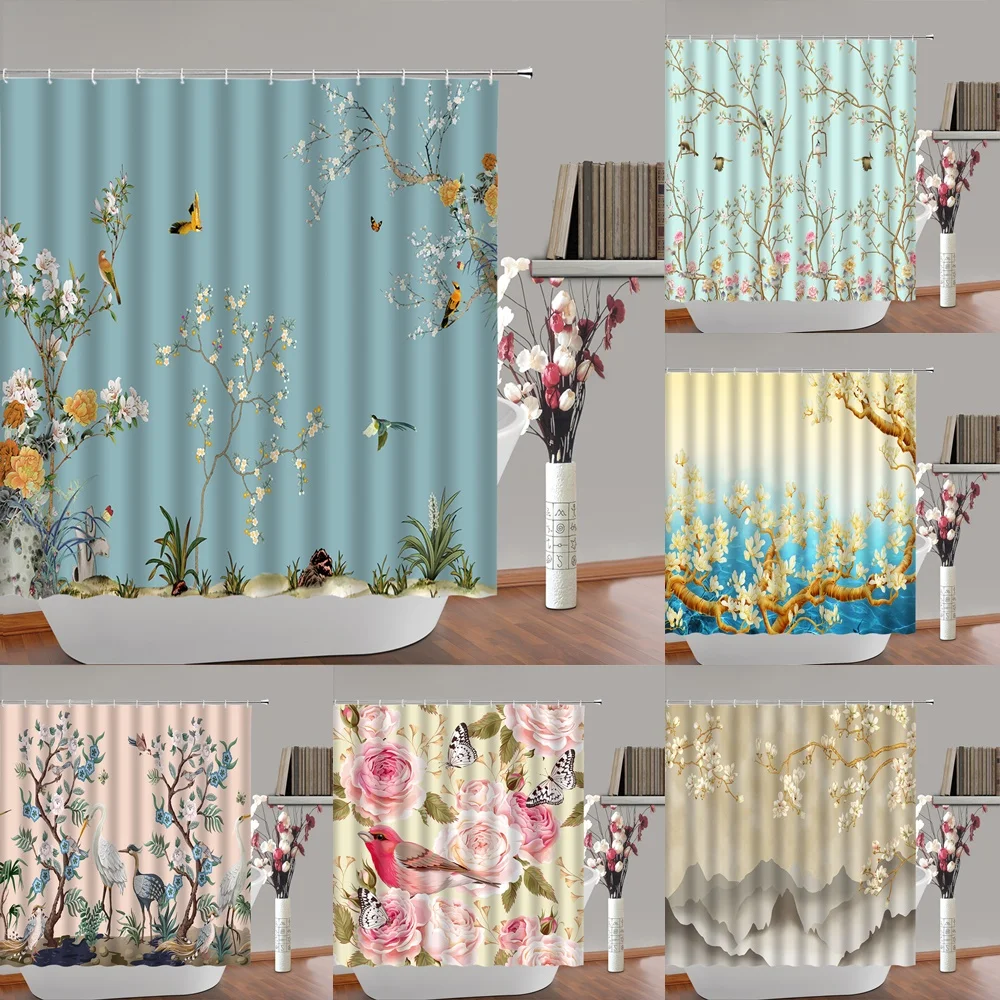 

Flowers Birds Shower Curtain Crane Spring Floral Cherry Peony Vintage Tree Branch Chinese Style Garden Scenery Bathroom Curtains