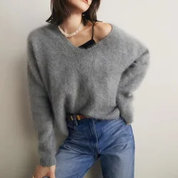 Morbido maglione con scollo a v in peluche da donna autunno inverno spesso stile pigro lavorato a maglia moda Top tinta unita Pullover a maniche lunghe allentato