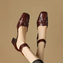 New Summer Sandals Genuine Leather Sandals Casual French Square Toe Hollow Out GLADIATOR Sandals High Heels Shoes for Women