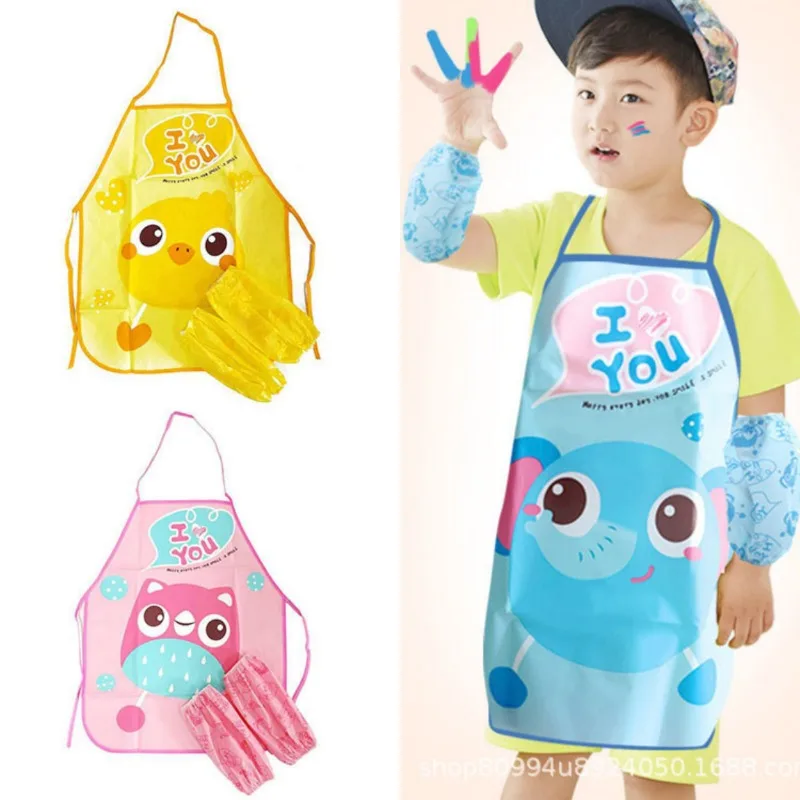 Cute Cartoon Children Waterproof Apron Sleeve Set Kid Play Handwork Painting Clay Eat Clothes Anti-Oil Pigment Stain Overalls