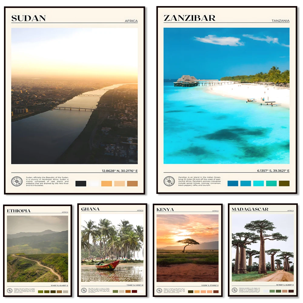 Uganda, Kampala, Zanzibar, Etiopía, Ciudad del Capa, Madagascar, Ghana, Sudán, Quenia, Zimbabwe, Nigeria, cartel de paisaje africano