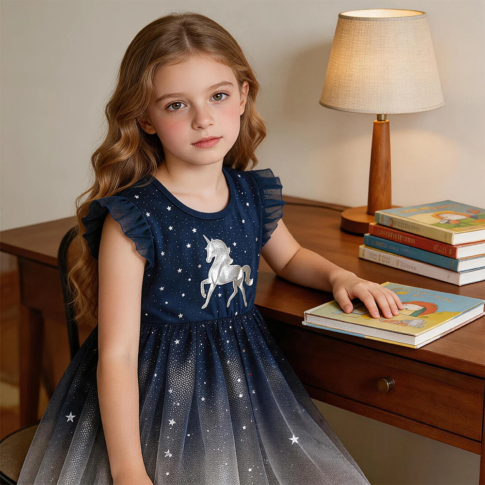 VIKITA Kids Silver Star Tulle Dress Ombre Starry Glitter Gradient Birthday Party Princess Elegant Flare Sleeve Summer Outfit