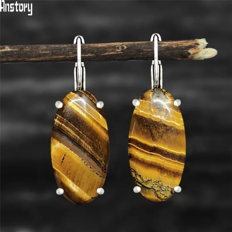 Big Vintage Eye Shape Natural Tiger Eye Earrings For Women Antique Silver Plated Natural Stone Claw Fashion Jewelry