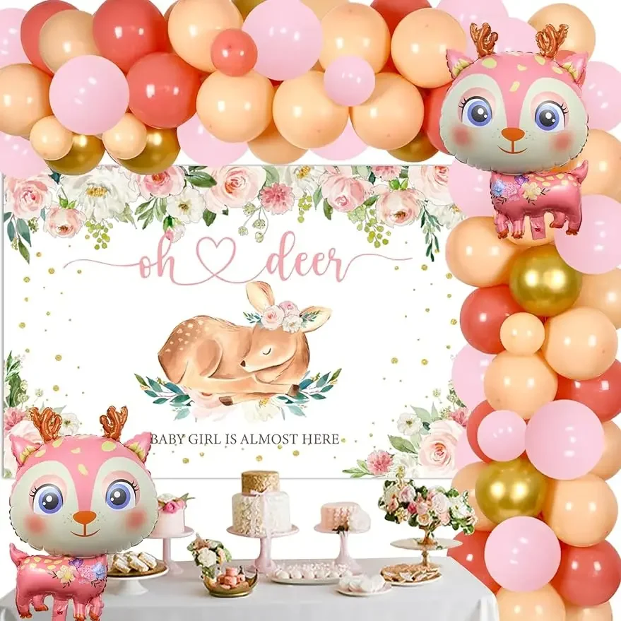 

Deer Baby Shower Decorations for Girl Balloon Garland Arch Kit with Backdrop Pink for Fawn Doe Woodland Animal Party Supplies