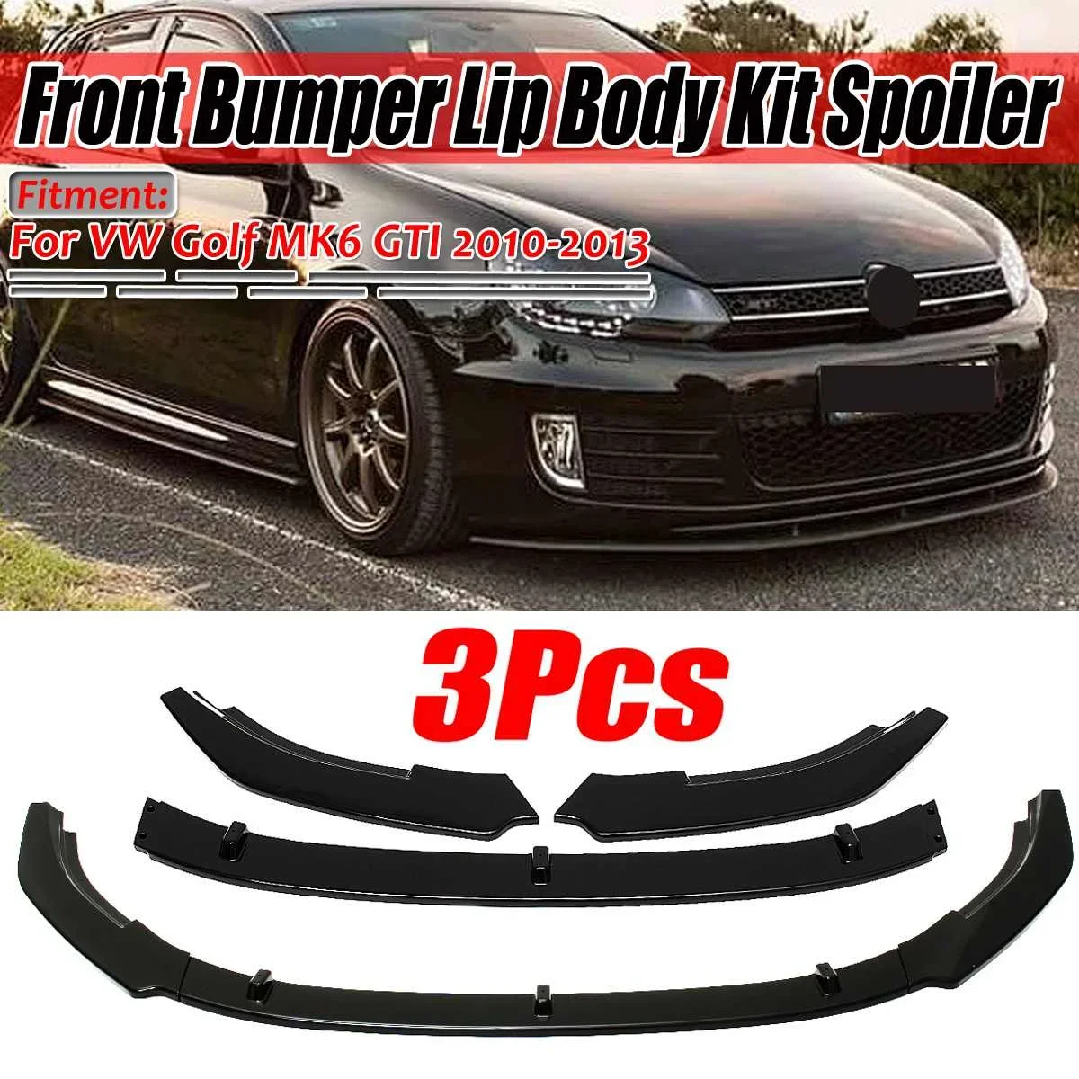 

3 Piece Carbon Fiber Look/ Black Car Front Bumper Splitter Lip Diffuser Spoiler For VW For Golf MK6 GTI 2010 2012 2013 Body Kit