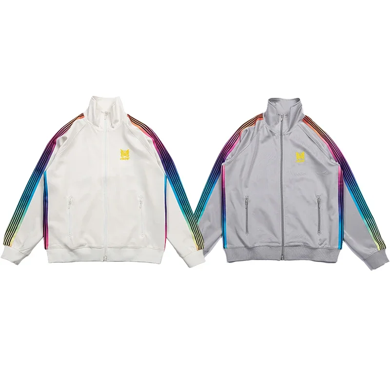 Arrival Rainbow Webbing Track Stripe Motion Jacket Butterfly Embroidery Coat Men Women Oversize Lapel Collar Long Sleeve