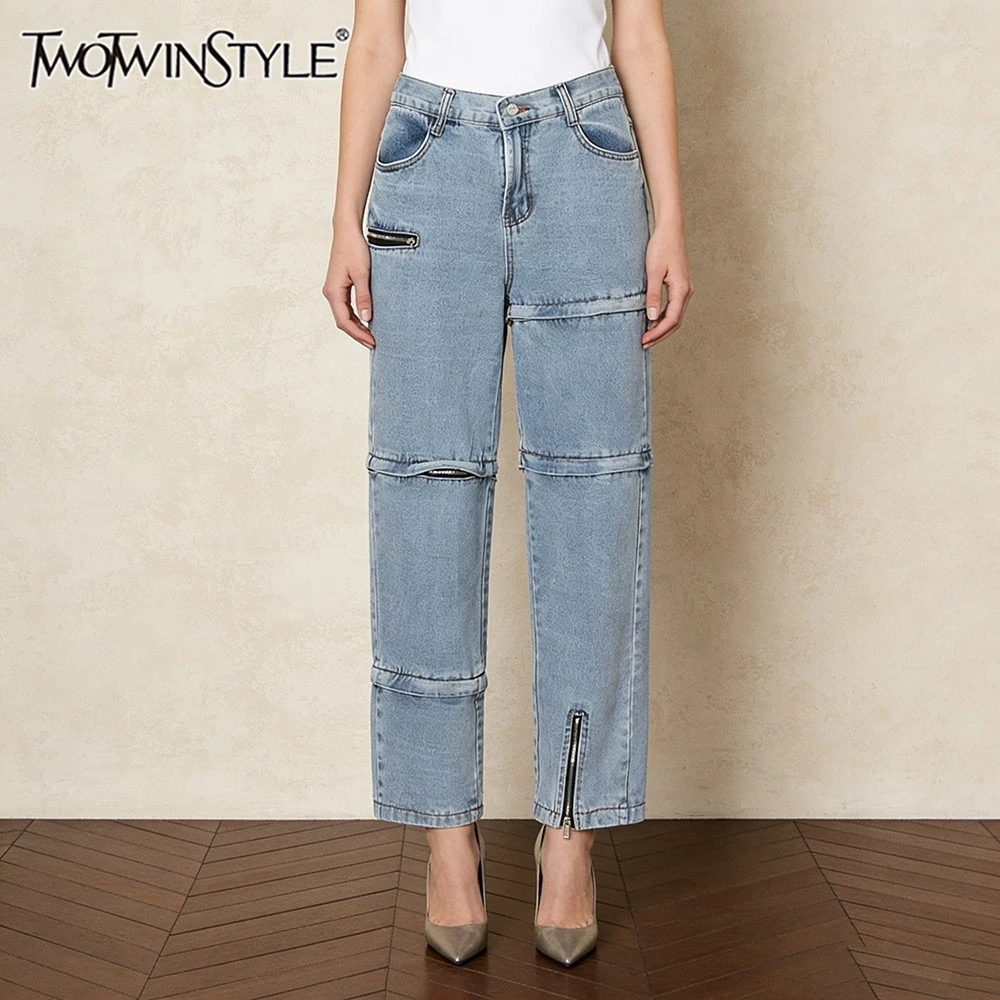 

Брюки TWOTWINSTYLE синие с вставками и карманами, женские, с высокой талией, свободного кроя, в уличном стиле, прямые, осенняя новинка, модные