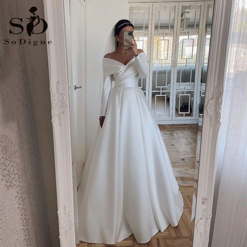 

SoDigne Satin Wedding Dresses Long Sleeves Dubai Elegant Bride Dress A-Line Bridal Gowns vestidos de novia Customized