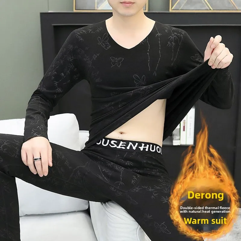 남성용 무봉제 보온 내의 세트 겨울용 가을용 청소년용 롱존 잠옷 양면 벨벳 세트