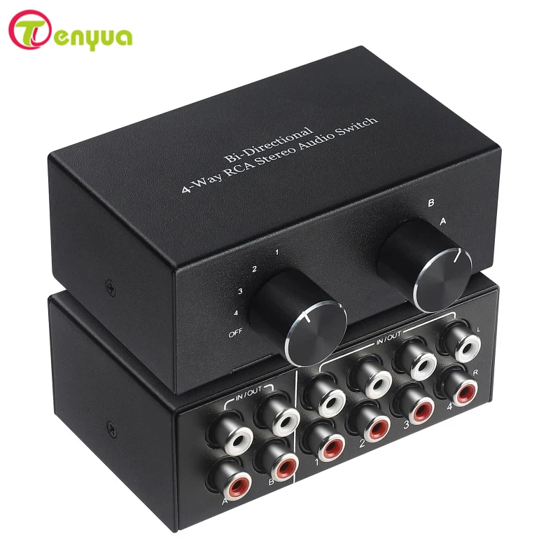 4 Way Bi-Directional RCA Stereo Audio Switch Selector 4X2/2X4 2x1/1x2 L/R Sound Channel Audio Switcher Splitter with OFF Button