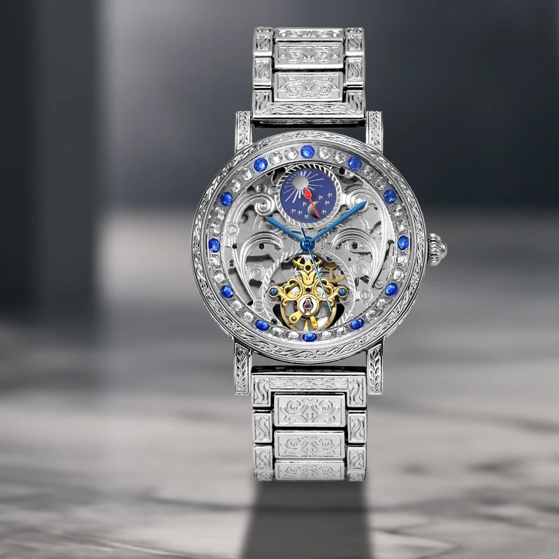 

A men's automatic mechanical watch with a simple and elegant sun and moon phase engraved dial