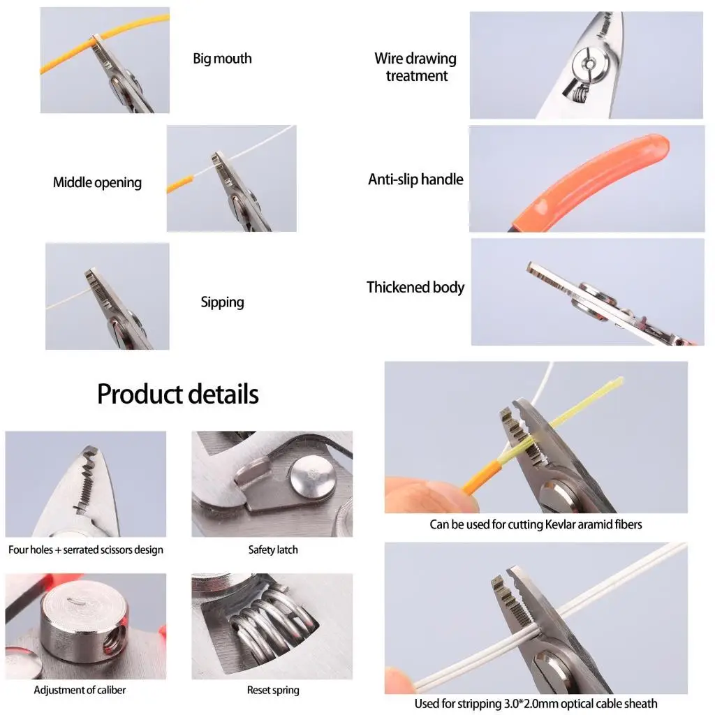 

Y1UB 4 Jaw Fiber Optics Kevlars Cutter из нержавеющей стали Pring Pring Загружена механизм безопасности