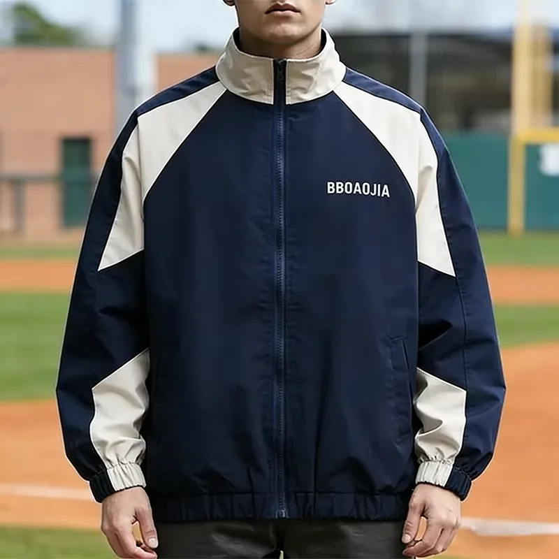 

Мужская куртка-бомбер с вышивкой букв, пэчворком, сине-черная, контрастная, на молнии, с воротником-стойкой, в стиле преппи