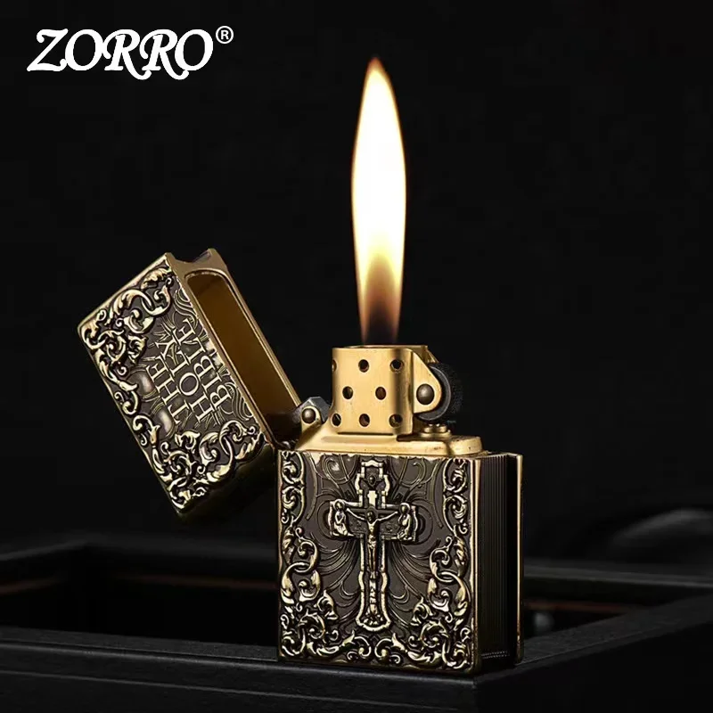 ZORRO Armor Bible Embossed Pure Copper Kerosene Lighter Classic Grinding Wheel Ignition Windproof Cigarette Accessories Gadgets