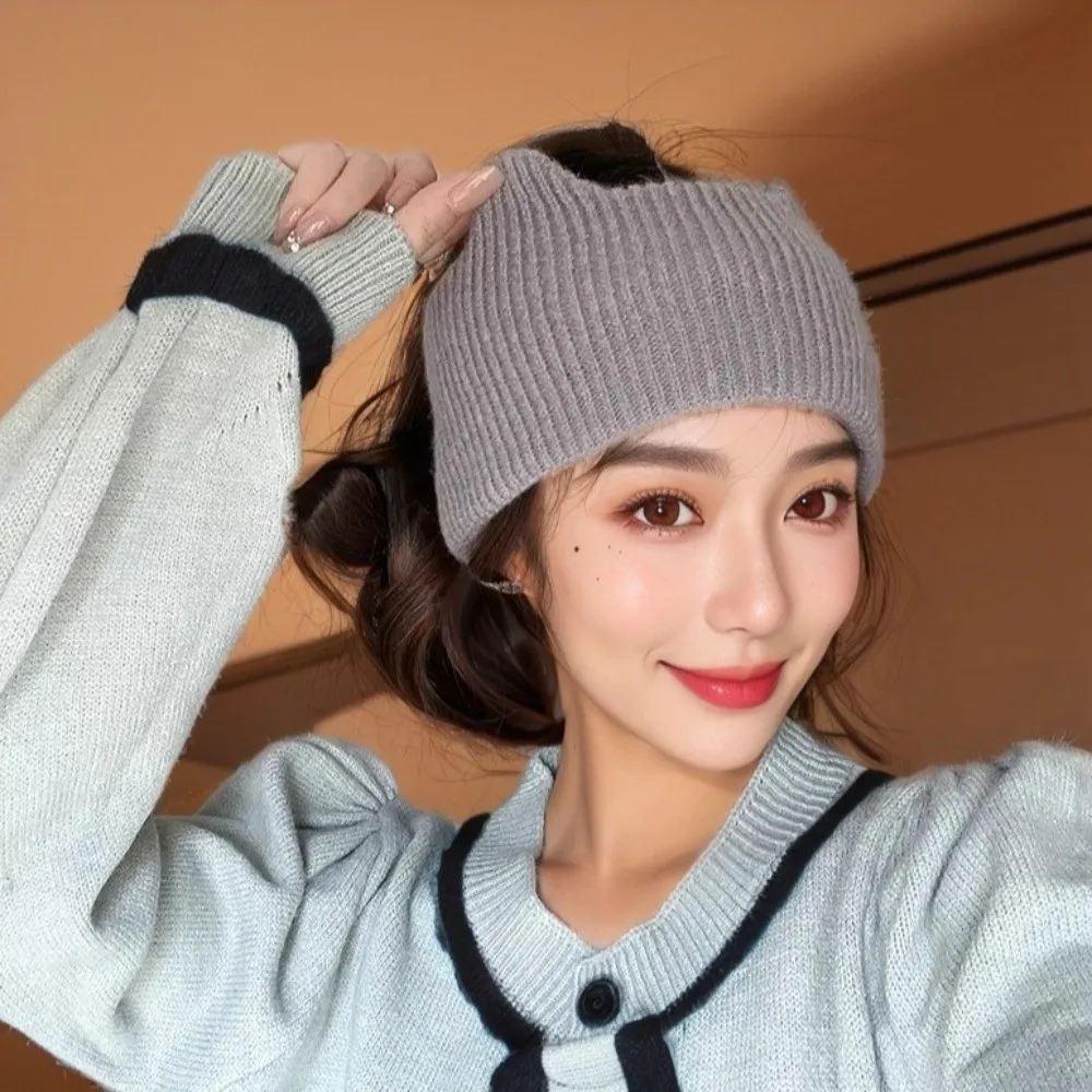 Cute Wide-brimmed Cat Ears Headband Ear Protection Face Wash Knitted Headband Solid Color Head Wrap Female