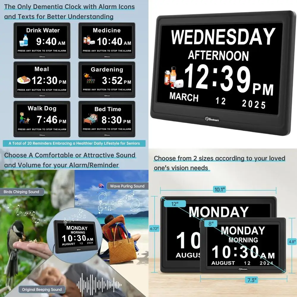 

Large 12 Dementia-Friendly Digital Clock with 20 Alarms, Date, Time, and Auto DST for Seniors with Memory Loss