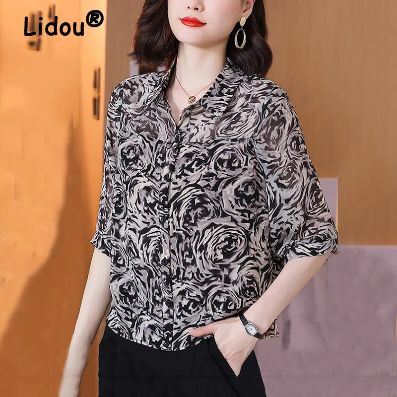 2024 Summer Women\'s Vintage Fashion Print Button Up Shirt Office Lady Elegant Lapel Short Sleeve Blouse Casual Loose Tops Blusas