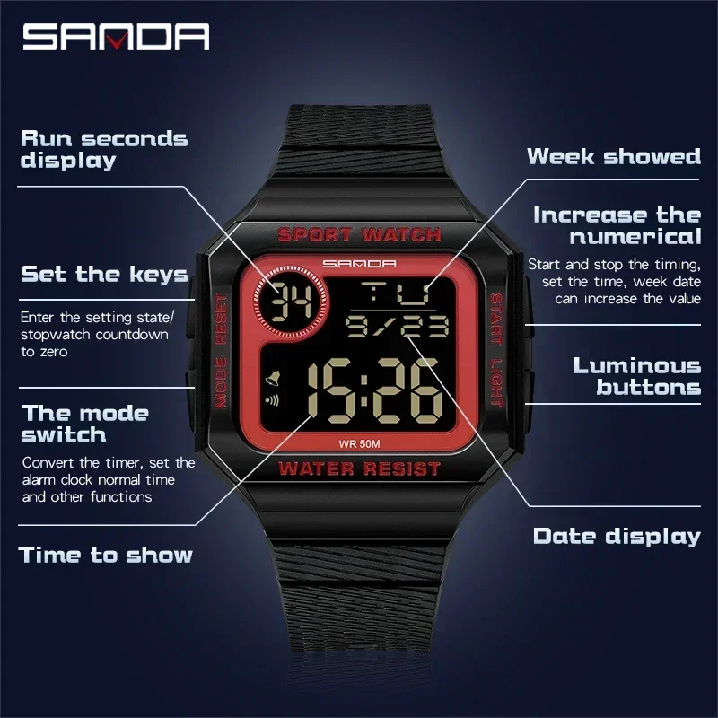 SANDA Digital Watch Men Military Sport Wristwatch Top Brand Luxury LED Stopwatch Waterproof Male Electronic Clock Original 2129