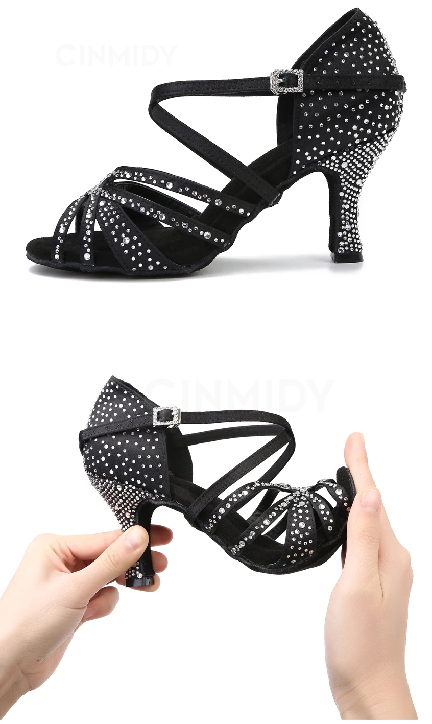 CINMIDY Damen Satin Party Tanzschuhe Strass Weiche Sohle Latein Tanzschuhe Salsa Tanzsandalen Damen Hochzeitsschuhe – Detail 14