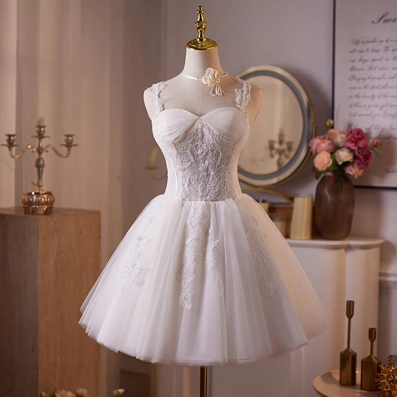 AnXin SH prinses witte bloem kant spaghettibandje mouwloos kralen parels korte op maat gemaakte avondjurk kleine witte jurk