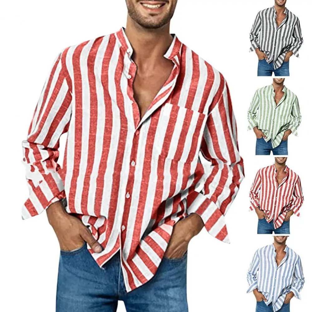 Men Shirt Long Sleeve Stand Collar Loose Casual Dress-up Stripe Printing Striped Shirts Casual Linen Buckle Top for Dating