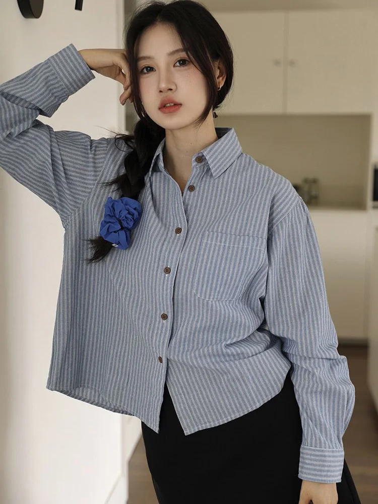 

Vintage Women Striped Shirt Fall Preppy Style Loose Long Sleeve Cute Blouse Japan Retro Casual Pocket Simple Female Sweet Tops
