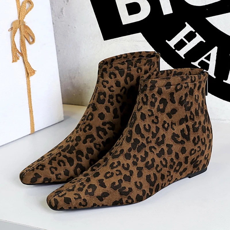 BIGTREE Autumn Winter Leopard Print Retro Pointed Toe Women Ankle Boots Wedges Heels Zipper Shoes Zapatillas De Mujer
