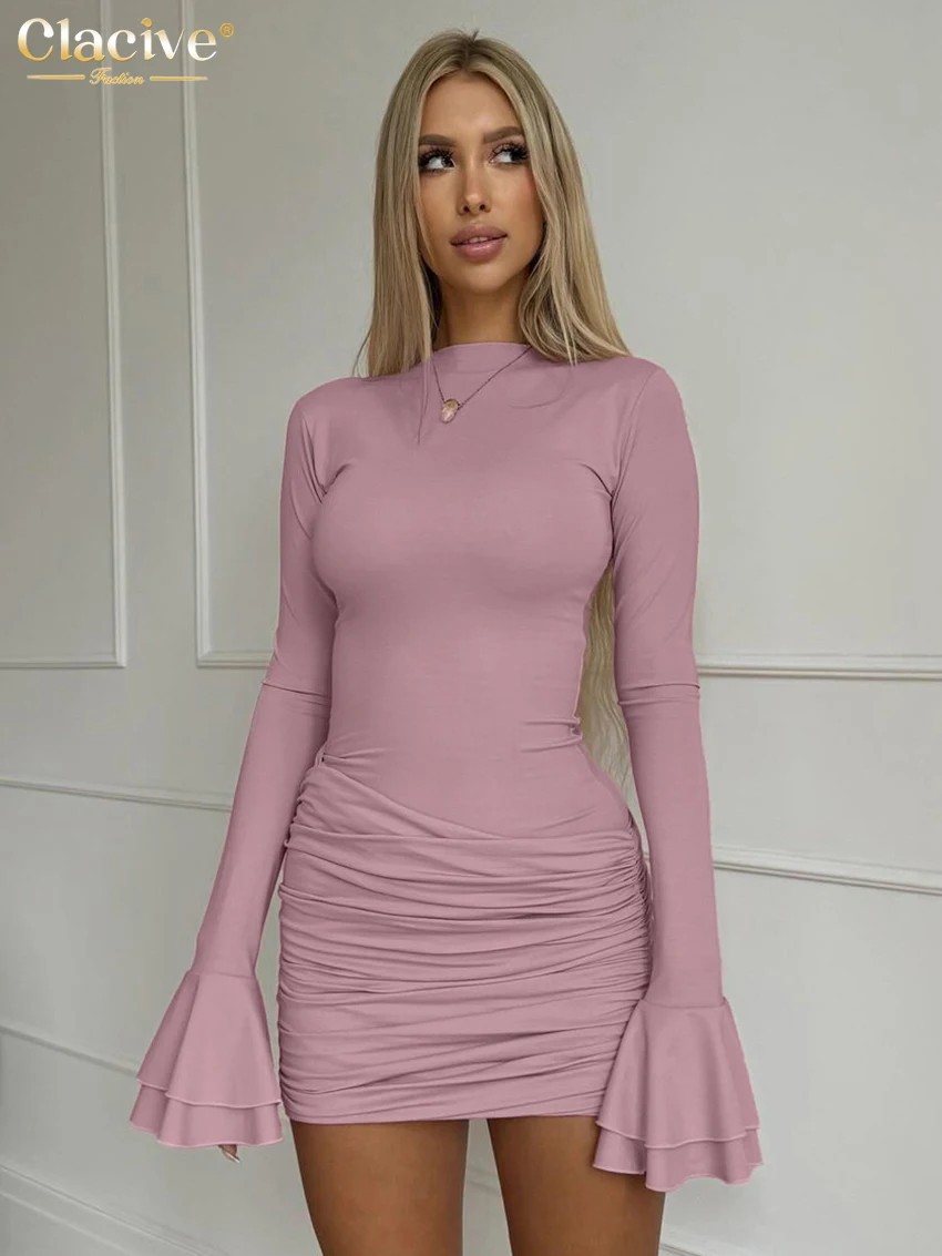 Clacive Mode Slanke Roze Gebreide Damesjurk 2025, Bodycon O-hals Mini-jurken Met Lange Mouwen Elegante Klassieke Ruches Vrouwelijke Jurk